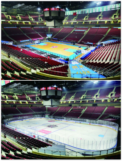The photo on top shows an interior view of the Wukesong Arena, the photo at the bottom shows the arena turned into an ice hockey rink within one night in 2016. [File Photo: fawan.com]