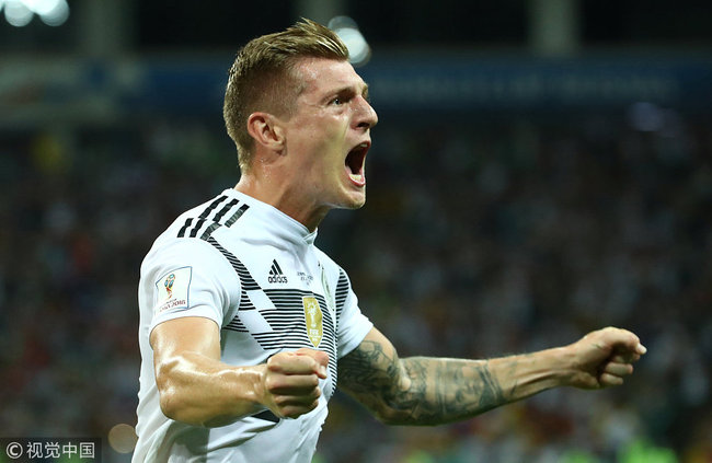 Germany's Toni Kroos celebrates scoring their second goal Michael Dalder Soccer Football during the Russia 2018 World Cup Group F football match between Germany and Sweden at the Fisht Stadium in Sochi on June 23, 2018. [Photo: VCG]