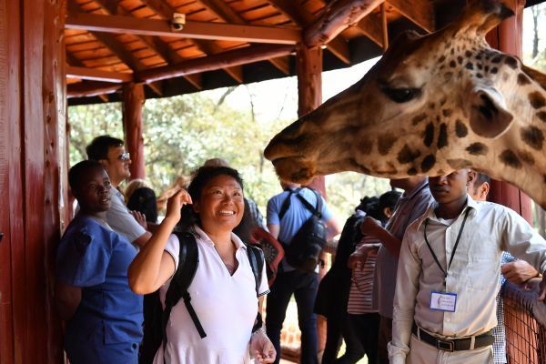 A Chinese tourist interacts with a giraffe at a zoo in Nairobi, Kenya. [File photo: Xinhua]