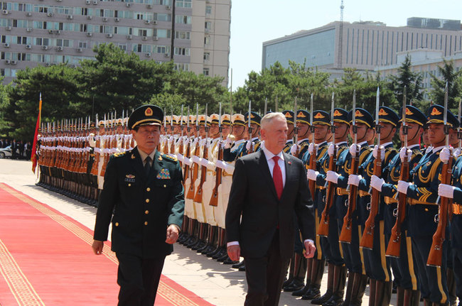 Chinese State Councilor and Minister of National Defense Wei Fenghe holds a welcome ceremony for visiting U.S. Secretary of Defense James Mattis in Beijing, June 27, 2018. [Photo: China Plus]