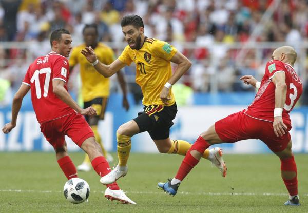 Chinese Super League player Yannick Ferreira-Carrasco (middle) of the Belgian national team in the group match against the Tunisian national team on June 23, 2018. [Photo: Xinhua]