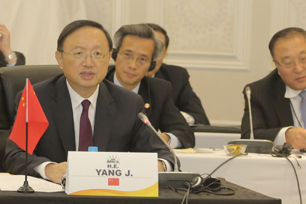 Yang Jiechi, member of the Political Bureau of the CPC Central Committee and Director of the Office of the Foreign Affairs Commission of the CPC Central Committee, addresses the opening session of the 8th Meeting of the BRICS High Representatives for Security Issues in Duran on Friday, June 29, 2018. [Photo: China Plus/Gao Junya]