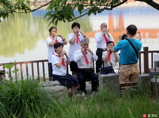 A group of elders were playing the harmonicain in Haidian Park, Beijing on May 20, 2017. [Photo: IC]