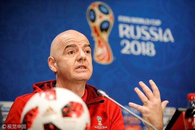 FIFA President Gianni Infantino makes a speech during a press conference at the Luzhniki Stadium in Moscow, Russia, on July 13, 2018. [Photo: VCG]