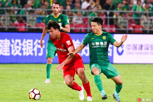 Beijing Guoan beats Tianjin Quanjian 3-2 to climb to the top of the Chinese Super League with 28 points on July 22, 2018. [Photo: Imagine China]