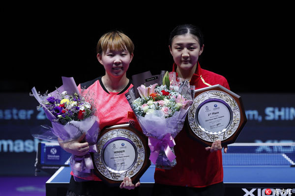 Winner Zhu Yuling (L) of China and Runner-up Chen Meng (R) of China hold up their winner’s trophy during the award ceremony for the women's singles finals gold medal match at the International Table Tennis Federation (ITTF) World Tour Platinum Korean Open in Daejeon, 160 kilometers south of Seoul, South Korea, on July 22nd, 2018. Zhu Yuling wins 4-1. [Photo: Imagine China]