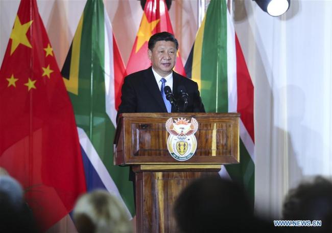 Chinese President Xi Jinping addresses a banquet hosted by his South African counterpart Cyril Ramaphosa for his state visit and the 20th anniversary of the establishment of the diplomatic ties between China and South Africa, in Pretoria July 24, 2018. [Xinhua/Xie Huanchi]