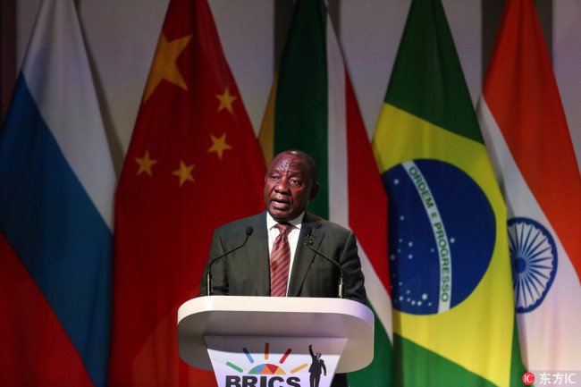 South Africa's President Cyril Ramaphosa delivers a speech during the opening of the BRICS Summit held in Sandton, Johannesburg, South Africa, 25 July 2018. The summit is held over three days between 25 and 27 July. [Photo: IC]