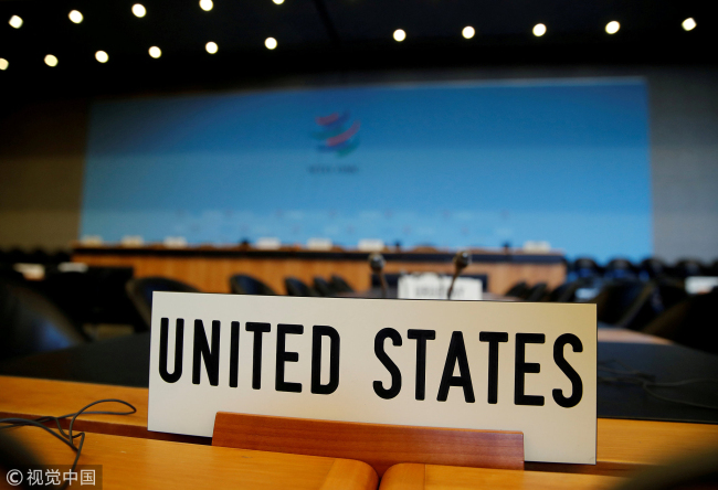 The nameplate of United States on the desk during General Council meeting at the World Trade Organization(WTO), Switzerland, July 26, 2018.  [File Photo:VCG]