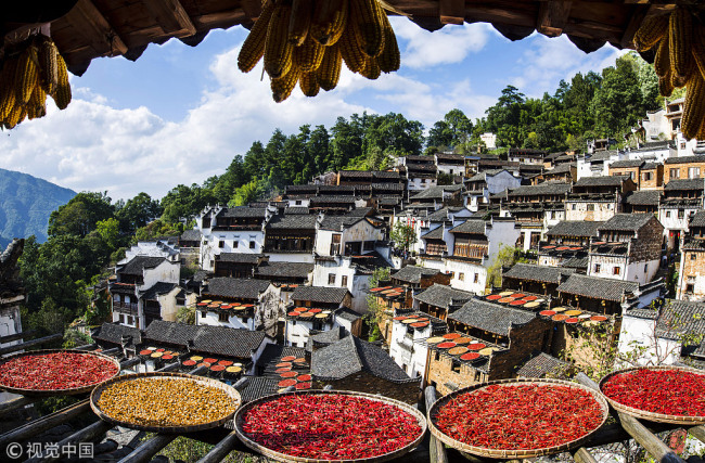 Local residents sun bake their farm produce, including peppers and chrysanthemum flowers in Huangling village, Jiangxi Province. [File Photo: VCG]