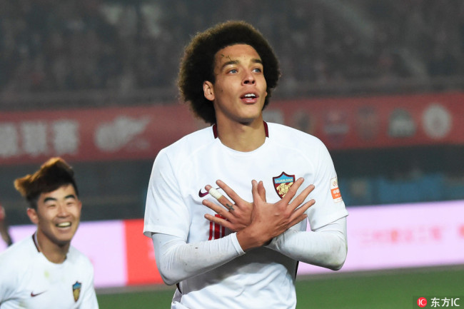 Axel Witsel celebrates a goal after scoring against Henan Jianye in Tianjin Quanjian's 4-0 win on matchday 1 of the 2018 Chinese Super League on March 2. [File Photo: IC/Wen Jie]