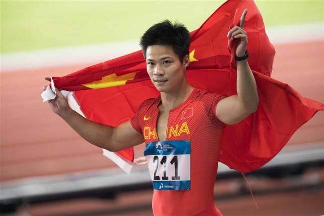 Su Bingtian of China celebrates after the men's 100m final of athletics at the Asian Games 2018 in Jakarta, Indonesia on Aug. 26, 2018. [Photo: Xinhua/Wu Zhuang]