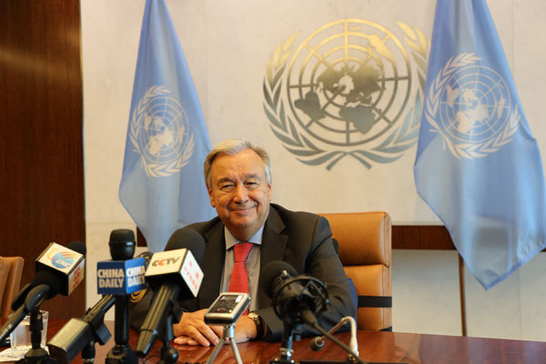 UN Secretary-General Antonio Guterres takes interview with Chinese correspondents based at the UN headquarters in New York on August 30, 2018. [China Plus/Qian Shanming]