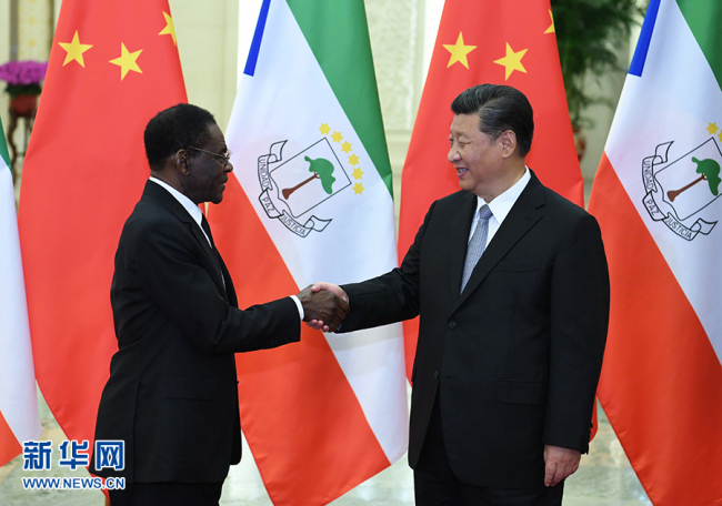 Chinese President Xi Jinping meets with Equatorial Guinea's President Teodoro Obiang Nguema Mbasogo at the Great Hall of the People in Beijing, capital of China, Sept. 2, 2018. [Photo: Xinhua/Gao Jie]