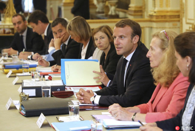 French President Emmanuel Macron(3rd right) speaks during the cabinet meeting at the Elysee Palace in Paris, France, Wednesday Sept. 5, 2018. [Photo:IC]