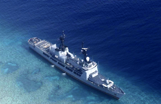 The Philippine Navy ship BRP Gregorio del Pilar is seen after it ran aground during a routine patrol in the vicinity of Half Moon Shoal, which is called Hasa Hasa in the Philippines, off the disputed Spratlys Group of islands in the South China Sea, August 31, 2018. [Photo: Armed Forces of the Philippines via AP]