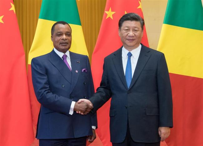 Chinese President Xi Jinping (R) holds talks with President of the Republic of the Congo Denis Sassou Nguesso at the Great Hall of the People in Beijing, capital of China, Sept. 5, 2018. [Photo: Xinhua/Ju Peng]