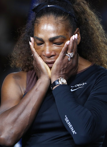Serena Williams reacts during the trophy ceremony in the women's final of the U.S. Open tennis tournament, Saturday, Sept. 8, 2018, in New York. Naomi Osaka, of Japan, defeated Williams. [Photo: AP/Adam Hunger]