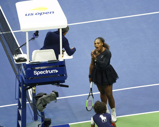 Serena Williams argues with the chair umpire during a match against Naomi Osaka, of Japan, during the women's finals of the U.S. Open tennis tournament at the USTA Billie Jean King National Tennis Center, Saturday, Sept. 8, 2018, in New York. [Photo: AP/Greg Allen/Invision]