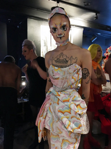 The Berlin-based drag performer known as Hungry poses backstage at Le Poisson Rouge cabaret in New York after performing, Sunday, Sept. 9, 2018, in the “The Gift of Showz,” a drag show presented by the Opening Ceremony label at New York Fashion Week. [Photo: AP/Jocelyn Noveck]