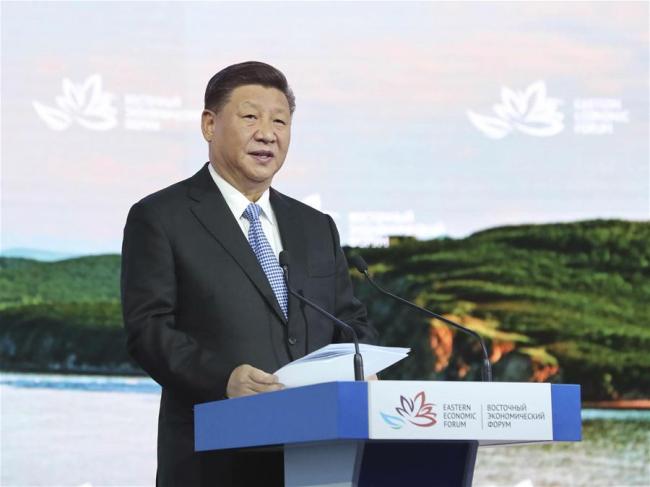 Chinese President Xi Jinping addresses the plenary session of the fourth Eastern Economic Forum (EEF) held in Vladivostok in Russia's Far East, on Sept. 12, 2018. [Photo: Xinhua]