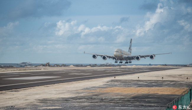 An Airbus A380 jetliner takes the first trial flight on the new runway built by China's Beijing Urban Construction Group at the Velana International Airport in Hulhule Island, Maldives, 18 September 2018.[Photo: IC]