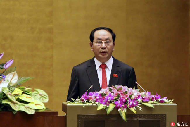 Tran Dai Quang delivers a speech after being elected President of Vietnam in Hanoi, Vietnam, April 2, 2016. [Photo: IC]