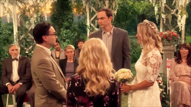 Penny and Leonard have another wedding ceremony with their friends and families present in this still from The Big Bang Theory. [Screenshot: China Plus]