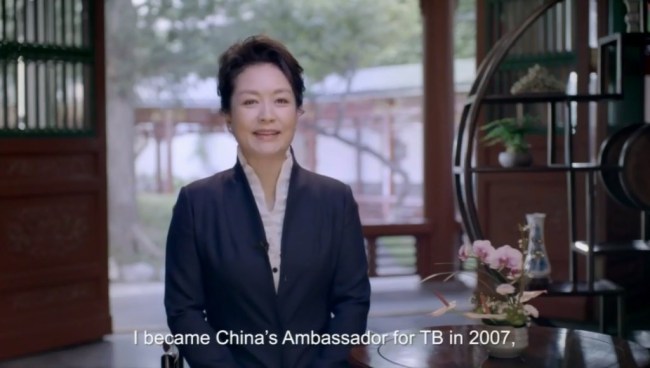 Peng Liyuan, wife of Chinese President Xi Jinping, addresses the United Nations General Assembly high-level meeting on ending tuberculosis (TB) via a video on Wednesday, September 26, 2018. [Photo: video screenshot]