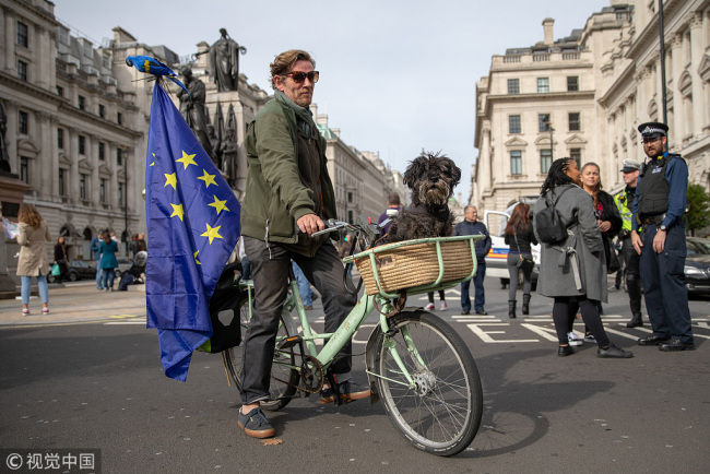 A man on a bicycle with a European Union flag and a dog in the basket joins pet owners to take part in an anti Brexit 'Wooferendum' rally on October 07, 2018 in London, England to protest against Britain leaving the European Union. [Photo: VCG]