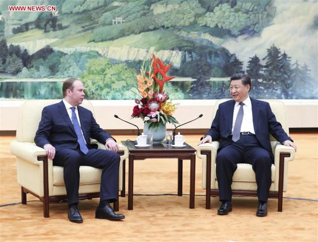 Chinese President Xi Jinping (R) meets with Anton Vaino, head of the Administration of the President of the Russian Federation, in Beijing, capital of China, Oct. 17, 2018. [Photo: Xinhua/Pang Xinglei]