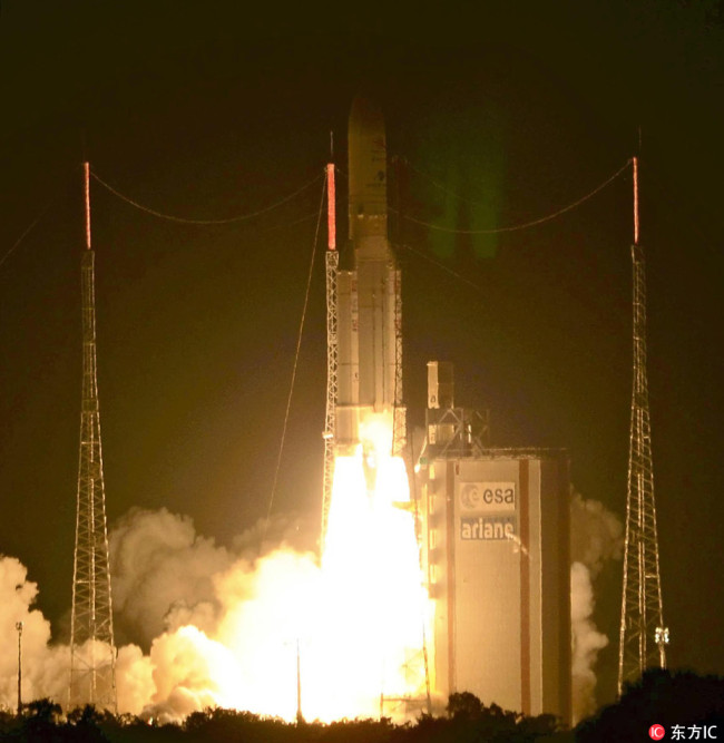 Ariane 5 rocket launches at Guiana Space Center, Kourou, French Guiana on Oct.19, 2018. [Photo: IC]