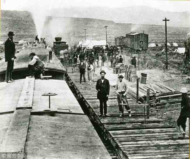 April 1869: The construction camp of the Central Pacific Railroad in Utah before linkup with the Union Pacific to create America's first transcontinental railroad, Utah. [Photo: VCG]