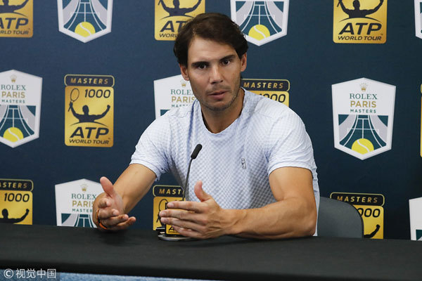 Spain's Rafael Nadal speaks at a press conference after his withdrawal from the Rolex Tennis Masters 2018, in the AccorHotels Arena, Paris, France, on October 31, 2018 due to an injury at the abdominal. [Photo: VCG]