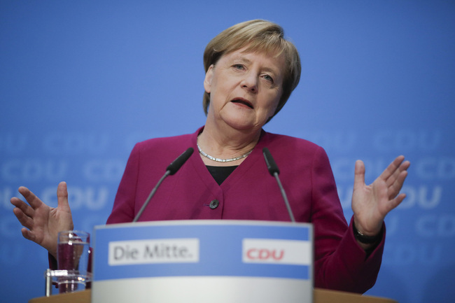 German Christian Democratic Party, CDU, chairwoman and Chancellor Angela Merkel addresses the media during a news conference after a party's leaders meeting at the headquarters the in Berlin, Germany, Monday, Oct. 29, 2018. [Photo: AP/Markus Schreiber]