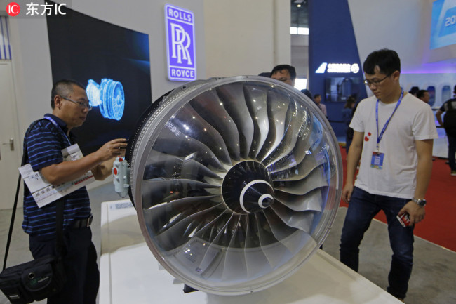 A model of Rolls-Royce Trent XWB -84 engine is displayed during the 12th China International Aviation and Aerospace Exhibition, also known as Airshow China 2018, Tuesday Nov. 6, 2018. [Photo: IC]