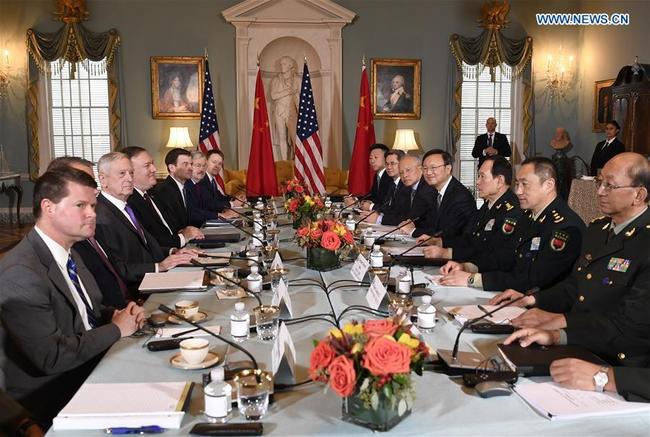 Yang Jiechi (4th R), a member of the Political Bureau of the Communist Party of China (CPC) Central Committee and director of the Office of the Foreign Affairs Commission of the CPC Central Committee, presides over the second China-U.S. Diplomatic and Security Dialogue in Washington D.C., the United States, on Nov. 9, 2018. [Photo: Xinhua]