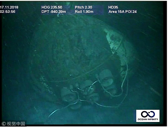 Handout picture released by Argentina's Navy press office on November 17, 2018, showing the wreckage of the ARA San Juan submarine located one year after it vanished into the depths of the Atlantic Ocean. Authorities confirmed the wreckage of the ARA San Juan submarine was found at 907 meters (2,975 feet) of depth, some 500 km from the southern city of Comodoro Rivadavia. [Photo: Argentina's Navy Press Office via VCG]