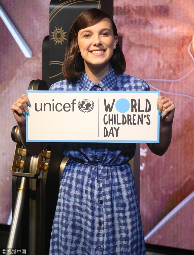 ew York, NY - Millie Bobby Brown lights up the Empire State Building in blue, in honor of UNICEF and World Children's Day in New York. The 'Stranger Things' actress, who just wrapped up filming for season 3 of her hit Netflix show, is UNICEF's youngest-ever goodwill ambassador. [Photo: VCG]