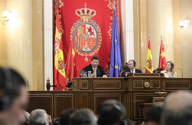 hinese President Xi Jinping addresses the two houses of Spanish parliament, the Senate and the Congress of Deputies, in Madrid, Spain, Nov. 28, 2018. [Photo: Xinhua/Xie Huanchi]