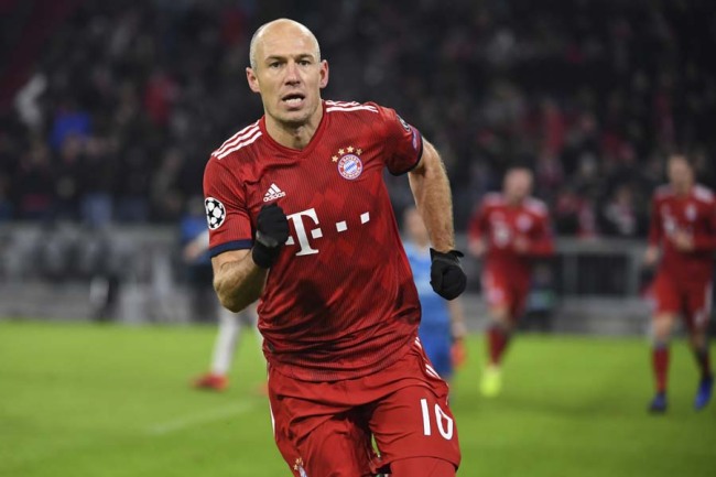 Bayern Munich's Arjen Robben celebrates after scoring the opening goal during the soccer Champions league group E match between Bayern Munich and Benfica Lisbon in Munich, southern Germany, Tuesday, Nov. 27, 2018. [Photo: AP]