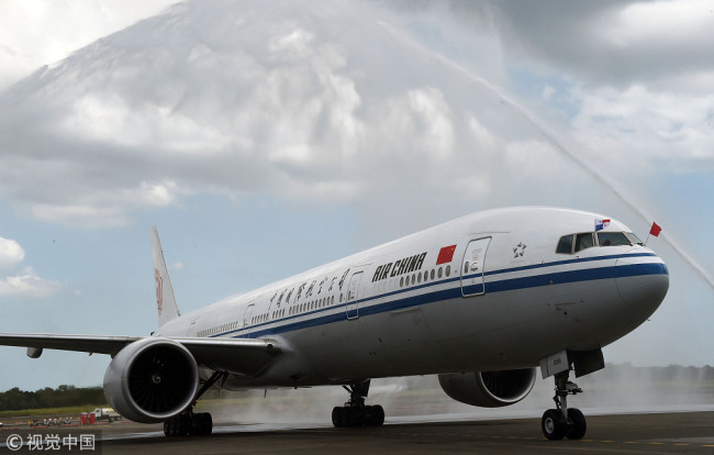 The first direct flight between China and Panama, Air China flight CA885, arrives at Tocumen International Airport in Panama City on April 5, 2018. [File Photo: VCG]