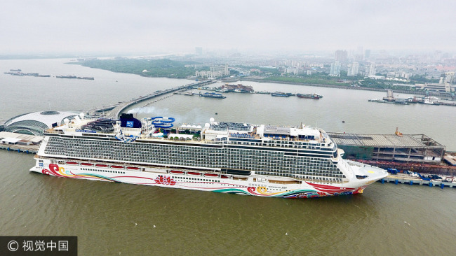 Norwegian Joy, the largest cruise ship in the Asia-Pacific region, sets off on her maiden voyage from Shanghai on Saturday, June 10, 2017 with over a thousand passengers onboard for a four-day journey at sea. [Photo: VCG]