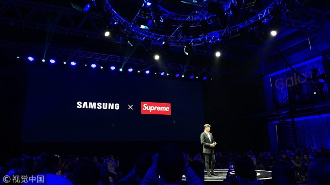 Samsung China announces it partnership with Supreme at the launch of the Galaxy A8s in Beijing on Monday, December 10, 2018. [Photo: VCG]