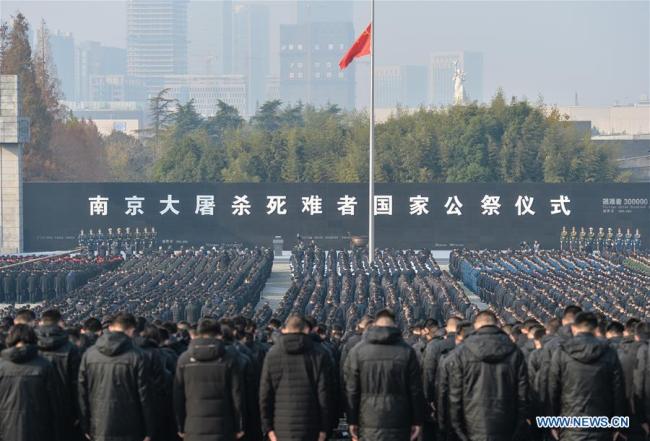 Photo taken on Dec. 13, 2018 shows the scene of the state memorial ceremony for China's National Memorial Day for Nanjing Massacre Victims at the memorial hall for the massacre victims in Nanjing, east China's Jiangsu Province. [Photo: Xinhua/Ji Chunpeng]