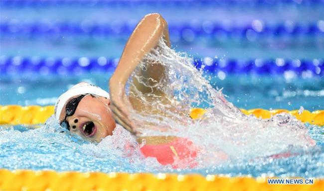 Wang Jianjiahe of China competes during Women's 800m freestyle Final at 14th FINA World Swimming Championships (25m) in Hangzhou, east China's Zhejiang Province, on Dec. 13, 2018. Wang Jianjiahe claimed the title with 8:04.35. [Photo: Xinhua/Xia Yifang]