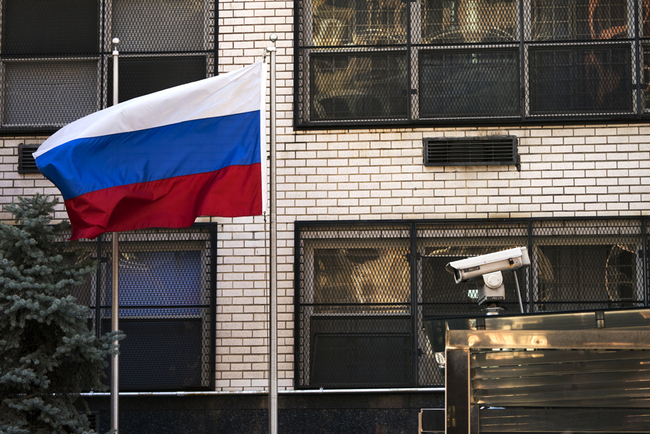 The Russian flag flies over the building that houses the Russian Mission to the United nations March 26, 2018 in New York. [Photo: AFP]