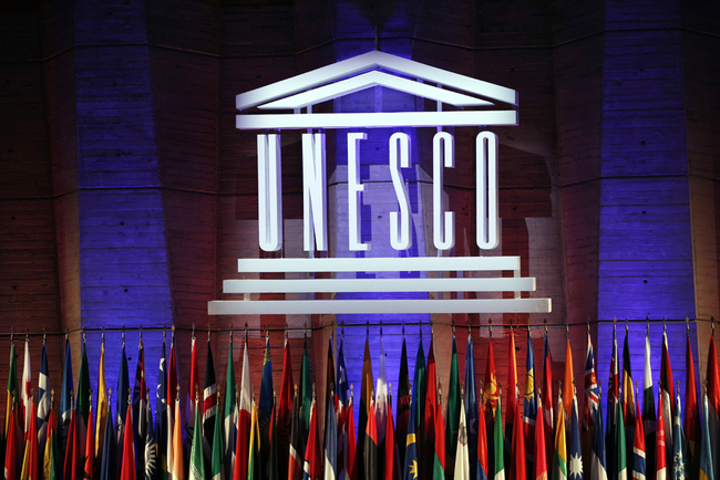 The logo of the United Nations Educational, Scientific and Cultural Organization (UNESCO) is seen during the 39th session of the General Conference at the UNESCO headquarters in Paris, Nov. 4, 2017. [Photo: AP/Christophe Ena]