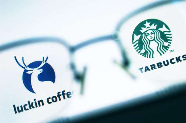 Logos of China's coffee brand Luckin Coffee and Starbucks Coffee. [File photo: IC]