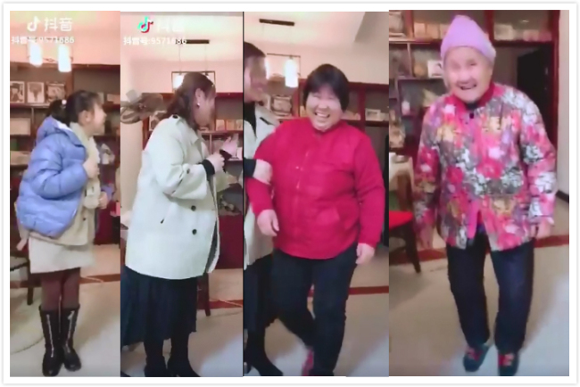 A "Four generations under one roof" themed challenge video shows four generations of family members. The video published in December has gained over 2.2 million likes. [Screenshot: China Plus]